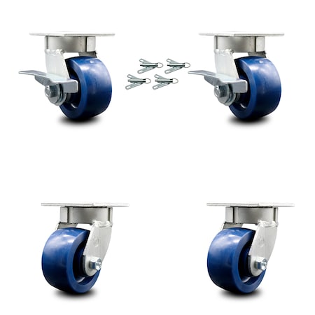 Service Caster 4 Inch Kingpinless Solid Poly Wheel Caster Swivel Locks 2 Brakes SCC, 4PK SCC-KP30S420-SPUR-SLB-BSL-2-BSL-2